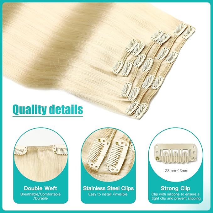 SURNEL Clip in Extensions Human Hair Platinum Blonde Double Drawn Hair Extensions Clip ins 22 Inch 6pcs 120g(#60,22'')