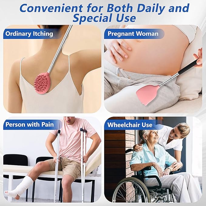 Back Scratcher Extendable with 6 Detachable Scratching Heads and Hair Scalp Massager for Itches Lotion Application Spa Adults Women Men Seniors The Disabled Baby Pink