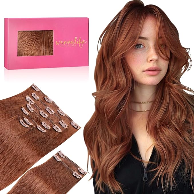 WENNALIFE Clip in Hair Extensions Real Human Hair, 22 Inch 150g 9pcs Human Hair Extensions Clip In, Dark Auburn Copper Hair Extensions Clip In Real Hair Coloured Remy Human Hair Extensions