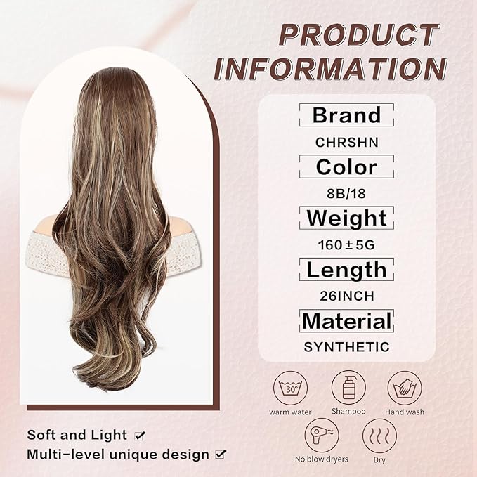 Ponytail Extension, Drawstring Ponytail Extension for Women 26 Inch Long Wavy Brown Pony Tails Hair Extensions Synthetic Clip in Ponytail Hairpiece for Women(Blonde & Medium Brown)