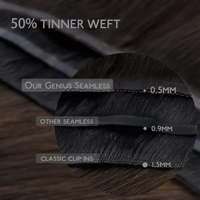 WENNALIFE Lace Seamless Clip in Hair Extensions Human Hair 7pcs Ultra Invisible 50% Thinner Seamless Clip Ins Dark Brown to Chestnut Brown and Dirty Blonde Highlighted Natural Remy Hair 14 inch