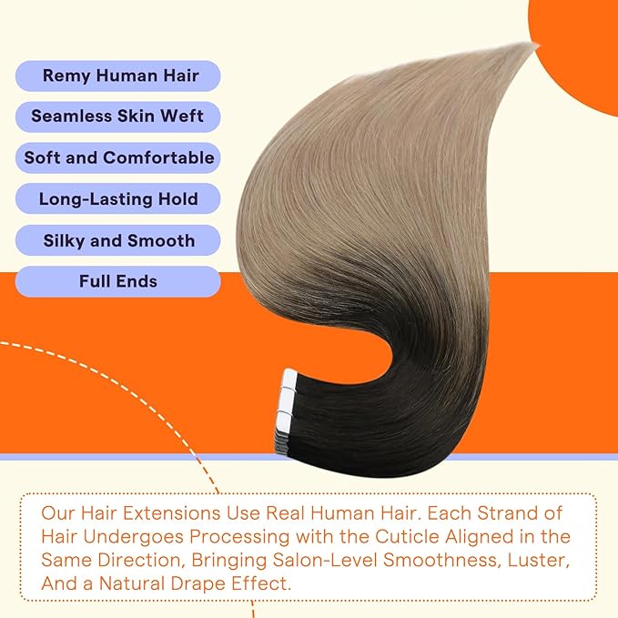 Full Shine Tape in Hair Extensions Human Hair Color 1B/18 Black to Blonde Straight Remy Double Sided Tape in Extensions Real Human Hair 16 Inch Straight Seamless Skin Weft 20PCS 50g for Wedding