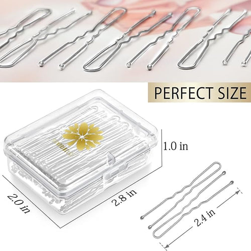 100PCS 2.4Inch U Shaped Hair Pins,Brown Bobby Pins for All Hair Types,Hair Pins for Women,Pain-Free U Pins for Buns With Box（Silver）