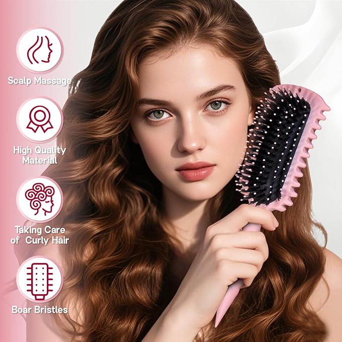 Curly Hair Brush, 5-in-1 Detangling & Curl Defining Brush for Curly Hair Wet or Dry, Shaping & Styling Brushes with Less Pulling for Women & Men (Pink)