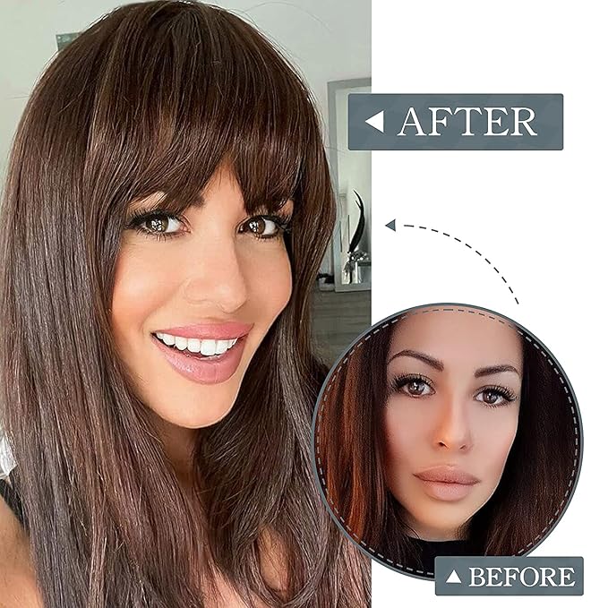 BARSDAR Human Hair Clip in Bangs - 100% Real Human Hair Clip in Bangs for Women - Brown Thick Bangs Extensions Fringe with Temples Real Hair Bangs Hairpieces - Dark Auburn Brown