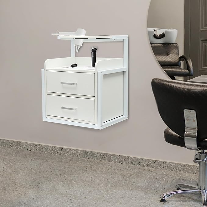 Suspended Salon Station for Hair Stylist, Wall Mounted Styling Salon Station Storage Cabinet w/2*Drawers &Hair Dryer Stand,Floating Nightstand Stylist Storage Cabinet for Home (Sliver+White)