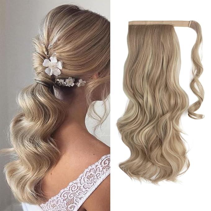 CJL HAIR 18" Long Ponytail Hair Extension Wrap Around Pony Tail Clip in Curly Wavy Synthetic Fake Hairpiece for Women Dirty Blonde
