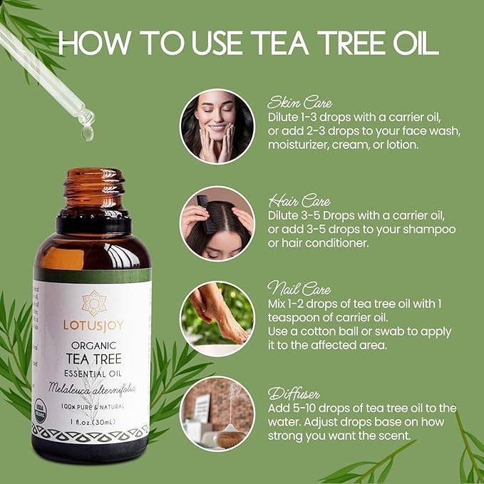 Organic Tea Tree Oil for Skin, Hair, Face, Scalp, Nails, 100% Pure Australian Tea Tree Essential Oil for Room Linen Spray, Diffuser -1 Oz