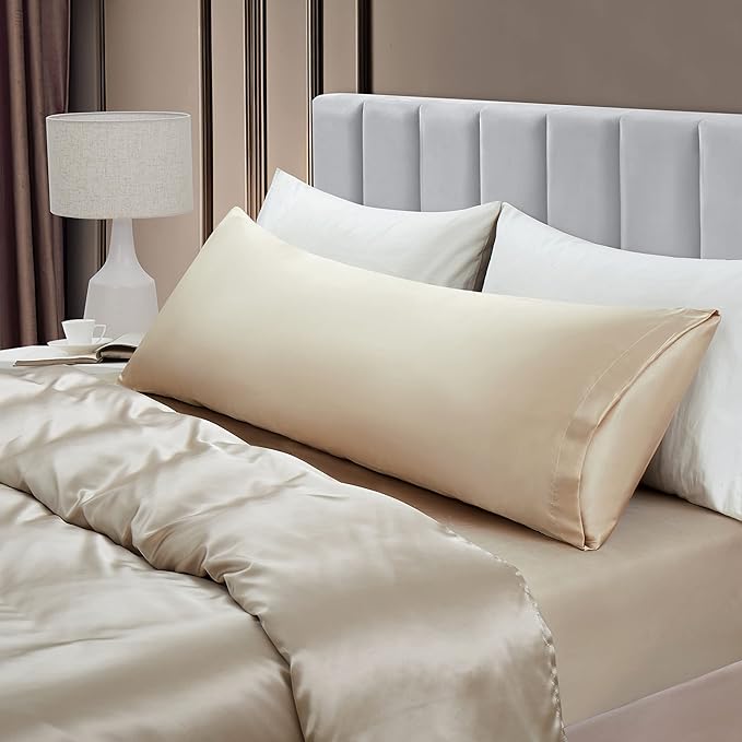 Aormenzy Satin Body Pillow Cover Set of 2, 20x54 Inches Taupe Case for Adults, Silky Soft & Cooling Pillowcase With Envelope Closure