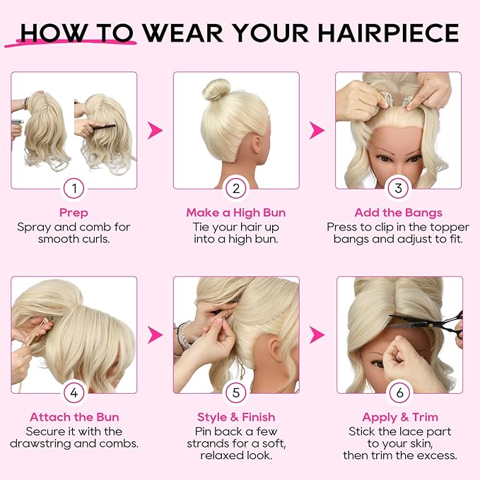 REECHO Messy Bun Hair Piece with Bangs – 2-in-1 Drawstring Ponytail Extension Updo Wig & Hair Topper with Long Side Bangs, Natural-Looking Hair Bun Hairpieces for Women - Honey Blonde