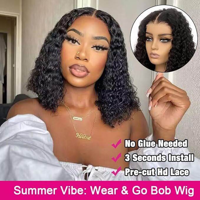 GOLFMAX Glueless Wigs Human Hair Pre Plucked Pre Cut Wear and Go Glueless Wig Curly Short Bob Wig Human Hair Wigs Deep Wave 4x4 Lace Closure Wigs Human Hair 10 Inch