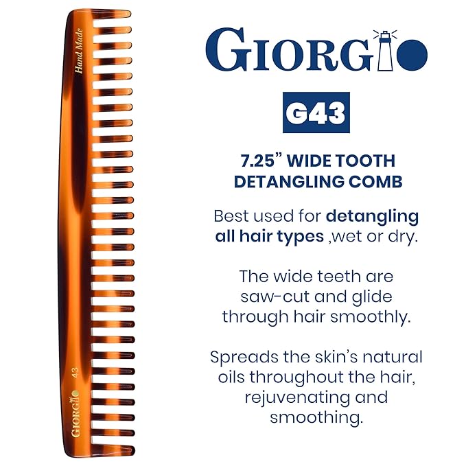 Giorgio G43 Large 7.25 Inch Detangling Comb, Wide Teeth for Thick Curly Wavy Hair. Long Hair Detangler Comb For Wet and Dry. Handmade of Quality Cellulose, Saw-Cut, Hand Polished, Tortoise Shell