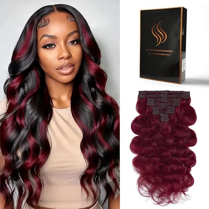 Clip in Hair Extensions Real Human Hair Body Wave 99J Burgundy Clip in 100% Brazilian Remy Human Hair Extensions 8pcs Per Set with 18 Clips Double Weft 18 Inch 100g/3.6oz
