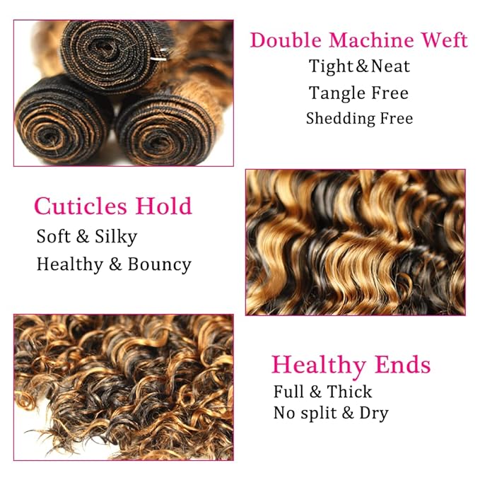 28 30 32 Inch P1B30 Bundles Human Hair Highlight Deep Wave Bundle Brazilian Virgin Remy Hair Extensions Niegmeag 2 Tone Black and Light Brown Deep Wave Bundle 300g