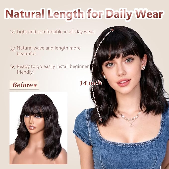 Dark Brown Bob Wig With Bangs Wave Wigs for Women 14 Inch Short Loose Wavy Heat Resistant Synthetic Wig Shoulder Length Hair for Daily and Cospaly Party Use