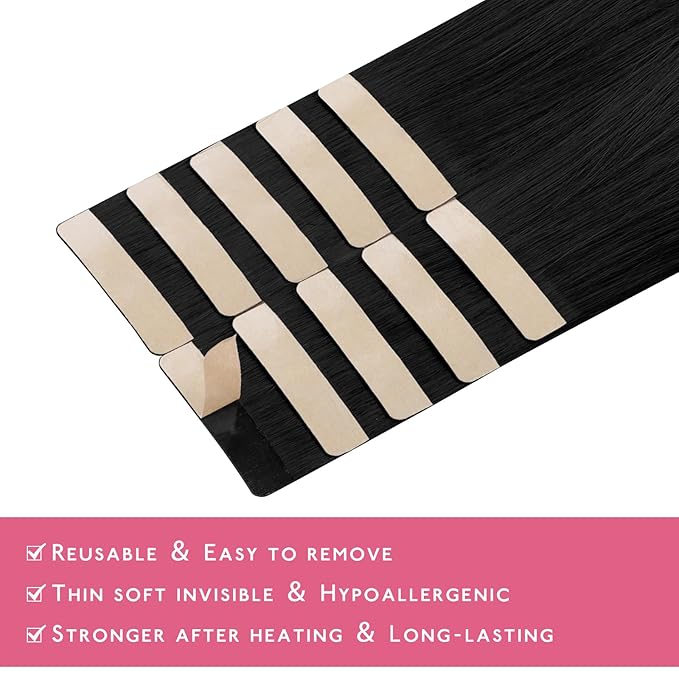 WENNALIFE Tape in Hair Extensions Human Hair Jet Black Tape in Extensions, 10pcs 25g 16 inch Remy Invisible Tape Ins Straight Colored Soft Real Human Hair Tape in Extensions Refill Set Extensions