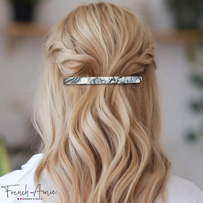 French Amie Long and Thin Large 4" Handmade Celluloid Hair Barrette Clip for Girls Automatic Strong Hold Hair Clips for Women No Slip Durable Paris Hair Accessories, Made in France (Gray Magma)