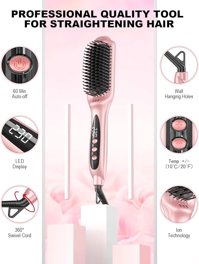 LANDOT Rose Gold Hair Straightener Brush - Elegant Gift for Women, Ionic Ceramic Straightening Brush for Smooth & Shiny Hair, Dual Voltage with 12 Adjustable Heat Settings 250°F-450°F