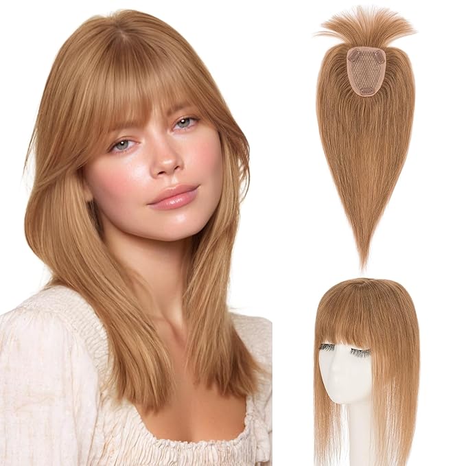 Hairro Human Hair Toppers with Wispy Bangs, 3.5x4.7" Hand-wovened Base for Women with Thinning Hair, Lightweight & Breathable Realistic Scalp, Clip-in Hairpieces for Easy Wear, 14 Inch Blondish Brown