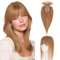 Hairro Human Hair Toppers with Wispy Bangs, 3.5x4.7" Hand-wovened Base for Women with Thinning Hair, Lightweight & Breathable Realistic Scalp, Clip-in Hairpieces for Easy Wear, 14 Inch Blondish Brown