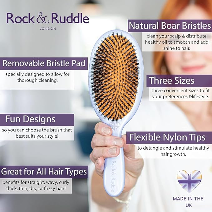 Rock & Ruddle Natural Mixed Boar Bristle Hair Brush for Women and Kids (Small/Travel Size, 17.5cm - Perfect for Wet or Dry Hair, Detangling Smoothing Blowdrying - Made in UK - Pretty Blue