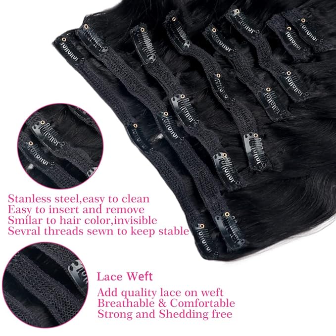 Body Wave Brazilian Clip in Hair Extensions Human Hair 8Pcs Remy Hair Extensions Clip ins for Black Women with 18Clips 120g (16inch, Natural Black)