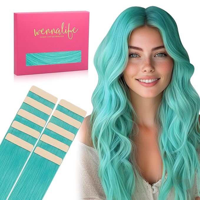 WENNALIFE Tape in Hair Extensions Human Hair, Teal Green 10pcs 30g 20 inch Remy Invisible Tape Ins Straight Colored Soft Real Human Hair Refill Set Extensions
