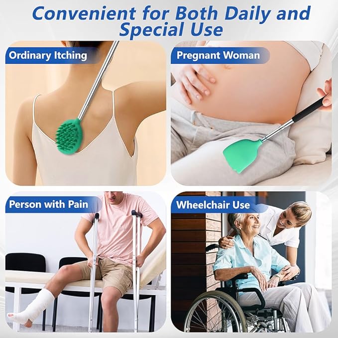 Back Scratcher Extendable with 6 Detachable Scratching Heads and Hair Scalp Massager for Itches Lotion Application Spa Adults Women Men Seniors The Disabled Baby Green