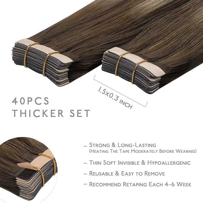 WENNALIFE Tape in Hair Extensions, 40pcs 100g 16 Inch Balayage Chocolate Brown to Honey Blonde, Human Straight Reusable Real Hair