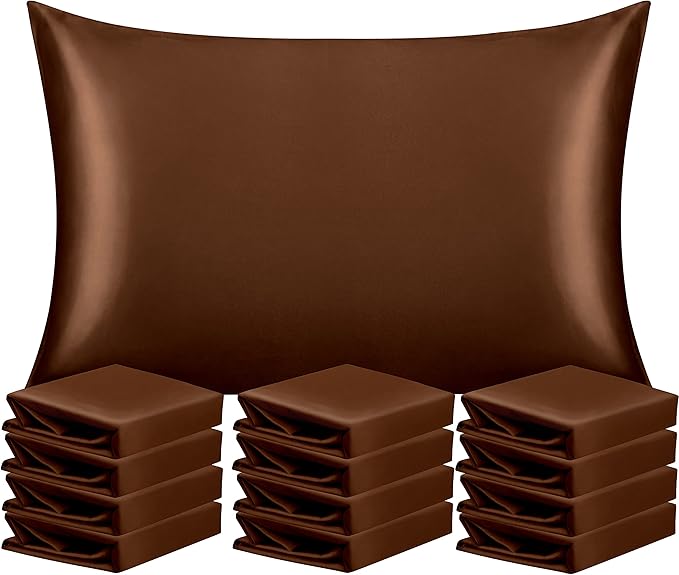 NTBAY 12 Pack Satin Standard Pillowcases for Hair and Skin, Luxurious and Silky Pillow Cases with Envelope Closure, 20 x 26 Inches, Brown