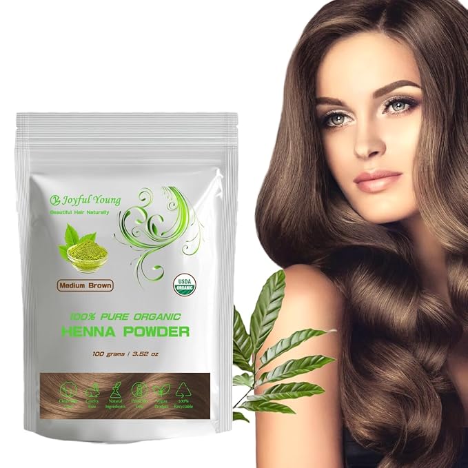 100% Organic Henna Hair Color – Natural, Chemical-Free Hair Dye for Rich, Vibrant Color & Gloss – Grey Coverage, Safe for All Hair Types, Vegan Non-Toxic, Herbal Hair Treatment (MEDIUM BROWN)
