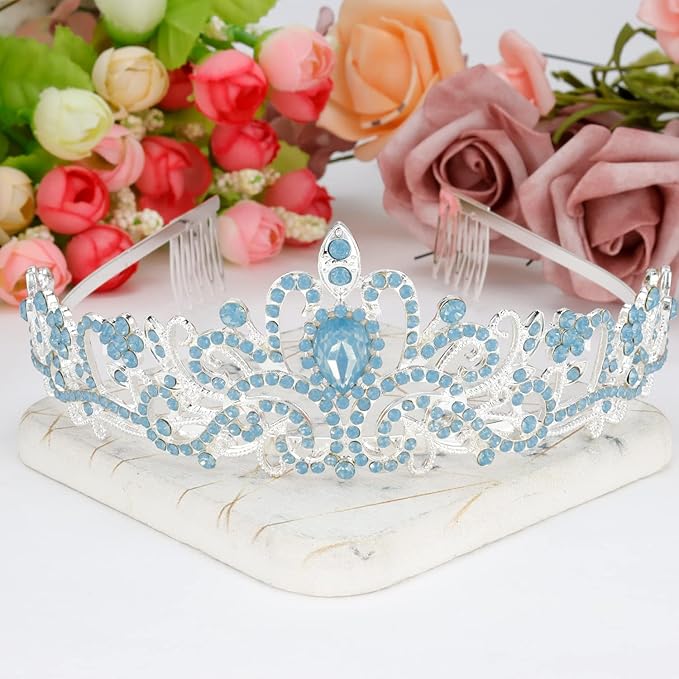 Didder Blue Opal Tiara Crowns for Women Girls, Princess Crown with Combs Tiaras for Women Girls Wedding Crowns for Brides Headband Prom Birthday Gift Halloween Costumes Hair Accessories