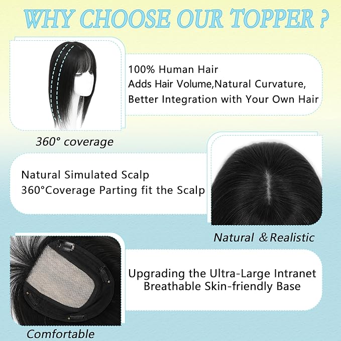Hair Toppers for Women Real Human Hair, 360° 3D Toppers Pieces for Women with Thinning Crown Wispy Bangs 14 Inch Upgrade Big Basement (Black, 14 Inch Wispy Bangs)