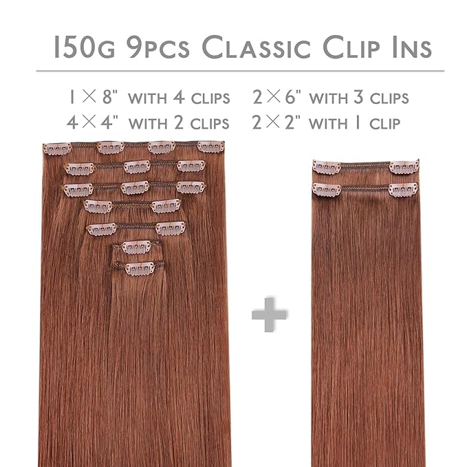WENNALIFE Clip in Hair Extensions Real Human Hair, 18 Inch 150g 9pcs Dark Auburn Copper Remy Hair Thicker Double Weft Extensiones De Cabello Humano Con Clip Ins Straight Full Volume