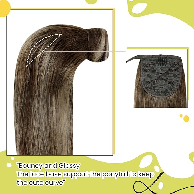 RUNATURE Ombre Ponytail Extension Human Hair Short Ponytail Human Hair Extensions with Magic Paste Ombre Brown to Caramel Blonde with Medium Brown Straight Real Hair Ponytail Extension 12 Inch 70g