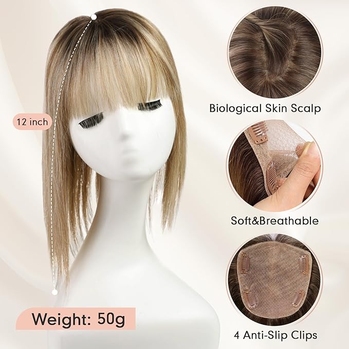 starluck Hair Toppers for Women with Bangs, 5"*5.5"Large Coverage Ombre Light Brown with Blond Highlight 100% Real Human Hair Toppers for Women with ThinningHair,Cover Gray HairRoots