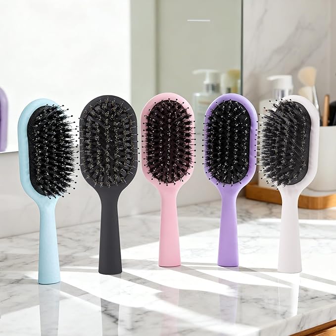 Boar Bristles Hair Brush for Women and Men, Detangling Hair Brush for Smoothing Massage Add Shine, Nylon&Boar Bristles Detangler brush for Hair Healthy (Medium-Black)
