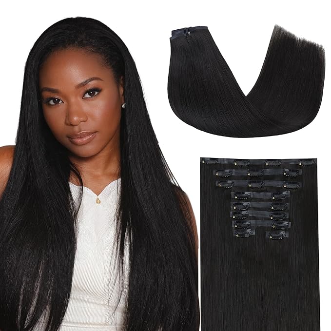 Lashey Seamless Clip in Hair Extensions Human Hair 130g 9pcs #1 Jet Black Light Yaki Straight 14 Inch Clip in Hair Extensions Full Pack with Soft PU Invisi Edge