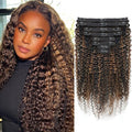 FB30 Highlight Ombre Curly Clip In Extension Human Hair 3C 4A Kinky Curly Clip Ins Full Head for Black Women Brazilian Remy Human Hair Balayage Brown 8Pcs with18clips 120g/Set (18 inch)