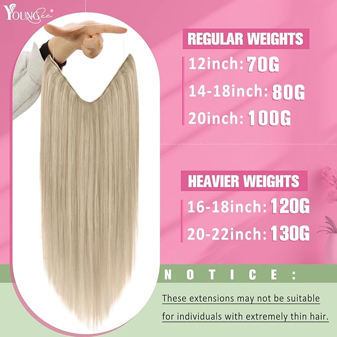 YoungSee Wire Hair Extensions Blonde Wire Hair Extensions Real Human Hair Ash Blond with Bleach Blonde Highlights Fish Line Hair Extension Real Human Hair for Women 14inch 80Gram