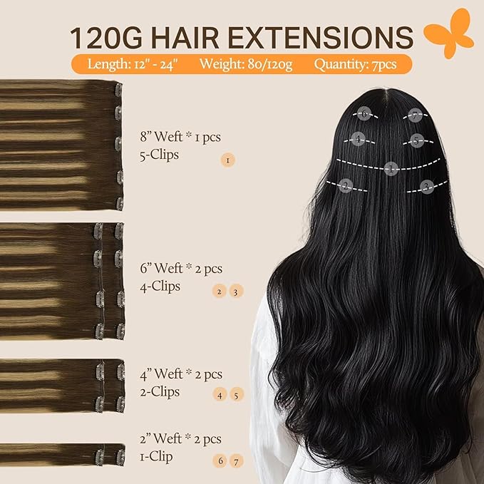 DOORES Balayage Clip in Human Hair Extensions Chocolate Brown to Caramel Blonde Remy Hair Clip in Extensions Straight Natural Hair Extensions 7pcs 120g 22 Inch