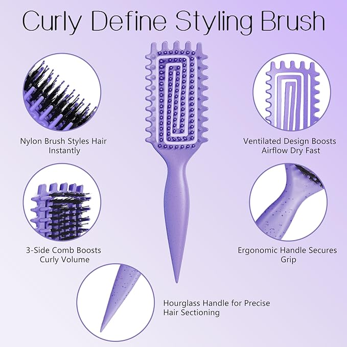 Curly Hair Brush,Curl Defining Brush for Effortlessly Defined Curls & Waves,Vented Hair Brush for Wet & Dry Hair,Women and Men,Reduces Frizz (Purple)