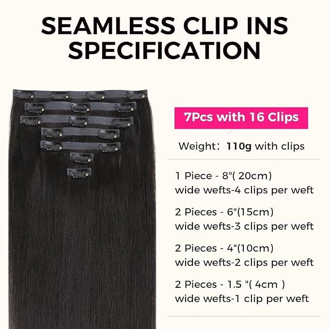Lashey Yaki Straight Clip Ins 14 Inch 110g 7Pcs Seamless Hair Extensions Real Human hair, Natural Black Clip in Hair Extension for Women Real hair