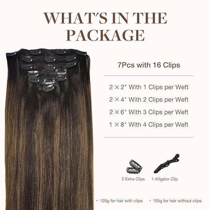 GOO GOO Clip in Hair Extensions Real Human Hair, Remy Human Hair Extensions Clip ins for Women, Natural Human Hair, 16inch 120g 7Pcs, 2/6/2 Balayage Dark Brown to Chestnut Brown