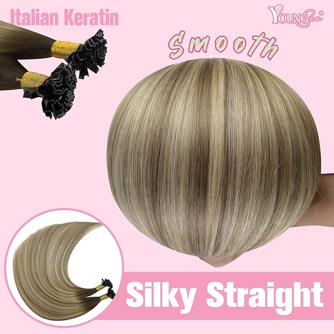 YoungSee K Tip Hair Extensions Balayage 22In Keratin Hair Extensions Human Hair Ombre Dark Brown to Brown with Blonde Straight 50s/50g