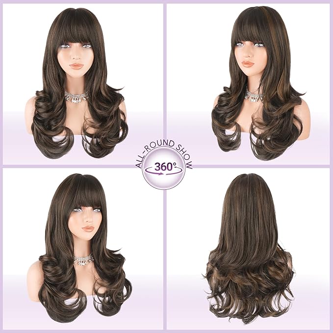 Haloo Brown Auburn Wigs with Bangs Long Wavy Layered Haircut Natural Looking Fluffy Synthetic Heat Resistant Hair Wig for Women Daily Party, 24 Inch Brown Mixed Auburn