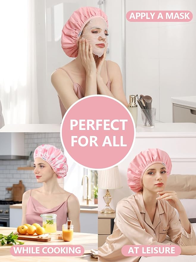 Years Calm Shower Caps For Women Reusable Waterproof，Pattern And Solid Color Dual-Layer Design For Dual-Layer Usable，Protects Hair In Shower, Spa, Cooking, Clean & Travel (Pink, One Size)