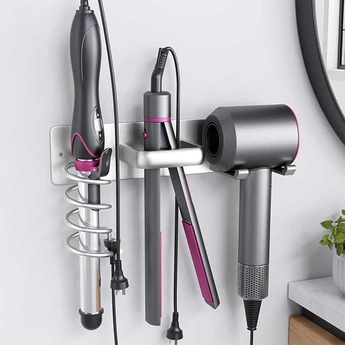 Tindbea Hair Dryer Holder Curling Iron Holder Flat Iron, Blow Dryer Holder Wall Mount, 3 in 1 Bathroom Hair Tool Organizer Rack for Universal Dryer, Silver Color