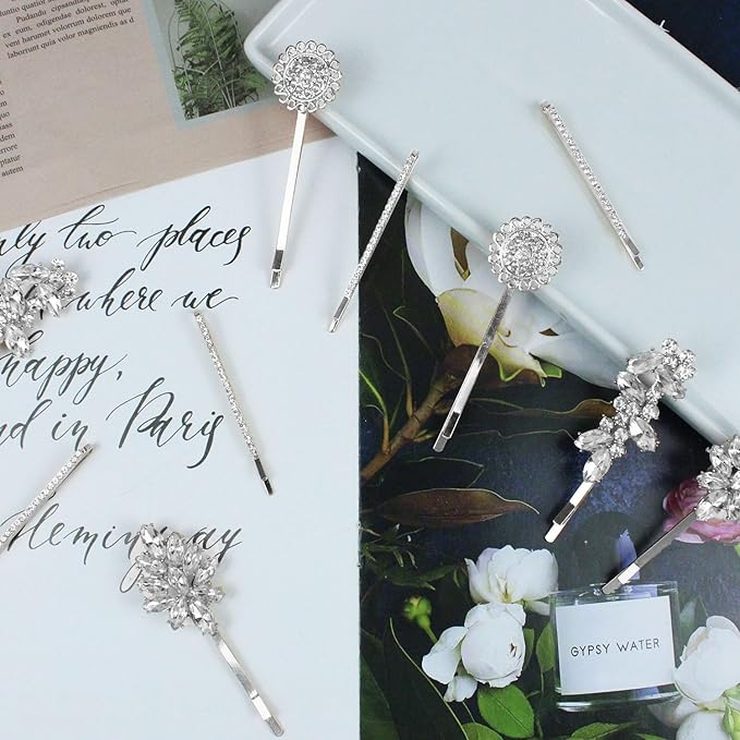 10 Pieces Rhinestone Hair Clips, Crystal Bobby Hair Pins Decorative Rhinestone Hair Barrettes for Wedding, Leaf Feather Sunflower Hair Clips Metal Hair Accessories for Women,4 Styles (silver)