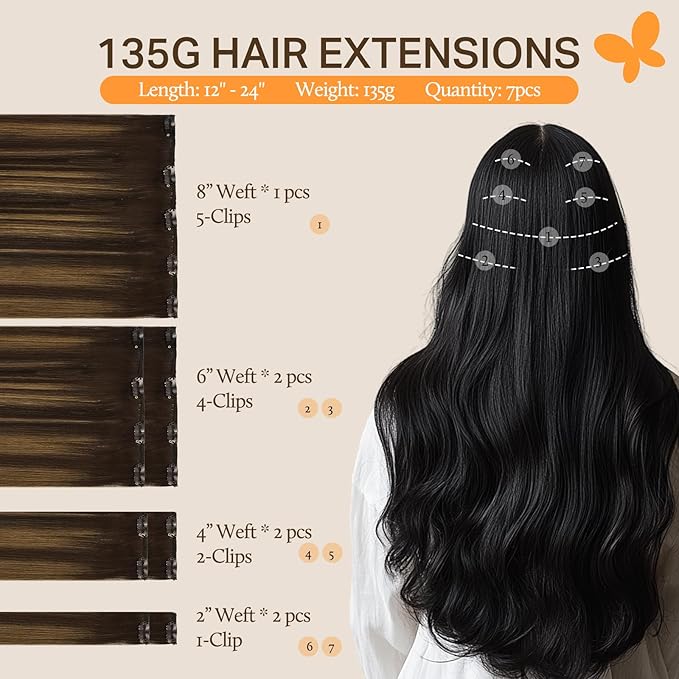 DOORES Clip in Hair Extensions Real Human Hair, Balayage Dark Brown to Chestnut Brown 18 Inch 7pcs 135g, Remy Thick Extensions Clip ins for Women Straight Weft